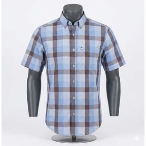 Mason James Mens Small Blue Brown Plaid Short Sleeve Stretch Button Down‎ Shirt